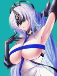  1girl absurdres alsace_(azur_lane) aqua_background arm_up armpits azur_lane bare_shoulders belt between_breasts black_belt black_tiara blue_hair breast_strap breastless_clothes breasts cleavage commentary_request cowboy_shot detached_collar dress eye_mask gauntlets hair_ornament halo halo_behind_head highres large_breasts long_hair mask musan_(muusan_lv1) parted_bangs parted_lips ribbon sidelocks signature simple_background solo standing strap_between_breasts sweat tiara underbust very_long_hair 