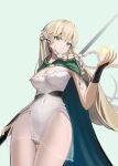  1girl absurdres blonde_hair braid breasts cleavage cloak dress elf eltolinde_(unicorn_overlord) eyelashes flying_burrito_cat from_below green_cloak green_eyes highres holding holding_staff leotard long_hair looking_at_viewer magic medium_breasts narrow_waist pointy_ears see-through solo staff thighs twin_braids unicorn_overlord very_long_hair white_background 