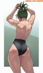  1girl absurdres adjusting_hair alternate_costume alternate_hairstyle arms_up ass back black_one-piece_swimsuit clothes_pull commentary english_commentary feet_out_of_frame from_behind green_background green_hair hair_pulled_back high_ponytail highres one-piece_swimsuit one-piece_swimsuit_pull one-punch_man ponytail short_hair simple_background solo standing stopu swimsuit tatsumaki thigh_gap toned toned_female topless tying_hair variant_set 