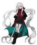  bad_id bad_pixiv_id black_footwear boots cape closed_mouth grey_eyes holding holding_sword holding_weapon hood hoodie katana long_hair long_sleeves looking_at_viewer lunch_(lunchicken) original red_hoodie simple_background sleeves_past_fingers sleeves_past_wrists smile sword twintails very_long_hair weapon white_background white_hair 