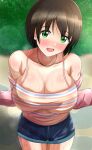  1girl bare_shoulders blush breasts bush camisole cleavage collarbone commentary_request covered_nipples day from_above green_eyes harada_miyo highres idolmaster idolmaster_cinderella_girls jewelry large_breasts looking_at_viewer no_(pixiv32843369) off-shoulder_jacket off_shoulder open_mouth outdoors pendant plant see-through short_hair short_shorts shorts solo striped_camisole striped_clothes sweat thighs very_sweaty 