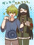  2boys amami_rantaro antenna_hair argyle_background armband bandaged_hand bandages black_bracelet black_hair black_mask blue_background blue_shirt blunt_ends brooch brown_pants buttons chain chain_necklace collarbone collared_jacket commentary_request covered_mouth cowboy_shot danganronpa_(series) danganronpa_v3:_killing_harmony denim ear_piercing earrings eyelashes gakuran green_eyes green_hair green_jacket green_pants hair_between_eyes high_collar holding_hands jacket jeans jewelry layered_sleeves light_blush long_hair long_sleeves looking_at_another male_focus mask mouth_mask multiple_boys multiple_bracelets multiple_piercings necklace no_headwear open_mouth pale_skin pants pendant piercing pocket pocket_watch polka_dot polka_dot_background red_armband ring school_uniform shinguji_korekiyo shirt short_hair sidelocks simple_background sleeves_past_elbows smile sparkle straight-on straight_hair striped_clothes striped_shirt stud_earrings translation_request v-shaped_eyebrows very_long_hair watch white_undershirt yaoi yellow_eyes yumaru_(marumarumaru) zipper zipper_pull_tab 