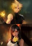  1boy 1girl absurdres arialla_draws armor bare_shoulders black_gloves black_hair blonde_hair blue_eyes blurry blurry_background breasts cloud_strife couple earrings english_commentary final_fantasy final_fantasy_vii final_fantasy_vii_remake fingerless_gloves flower gloves highres holding holding_flower jewelry large_breasts light_blush long_hair looking_at_viewer night night_sky parted_lips pov red_eyes red_lips revision short_hair shoulder_armor signature single_bare_shoulder single_earring sky sleeveless sleeveless_turtleneck smile spiked_hair suspenders sweater swept_bangs tank_top teardrop_earrings tifa_lockhart turtleneck turtleneck_sweater upper_body white_tank_top yellow_flower 