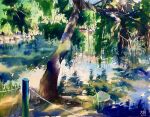  day didi_daisukedoi fence_post highres no_humans original painting_(medium) plant pond reeds reflection reflective_water rope_fence scenery traditional_media tree water watercolor_(medium) 