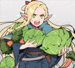  1girl belt_pouch blonde_hair blue_capelet blue_robe braid cabbage capelet carrot choker cowboy_shot dropping dungeon_meshi elf floating_hair food french_braid furrowed_brow giving green_eyes grey_hair hair_around_ear half_updo hands_up holding holding_food holding_staff holding_vegetable hood hood_down hooded_capelet long_hair long_sleeves looking_ahead marcille_donato open_mouth outstretched_arm parted_bangs pointy_ears pouch robe serious side_braid solo sprout staff vegetable very_long_hair wooni 