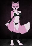  aethelwulf anthro canid canine clothed clothing digitigrade female fox full-length_portrait fur green_eyes hi_res hindpaw lingerie mammal panties partially_clothed paws pink_body pink_fur pinup portrait pose solo true_fox underwear 