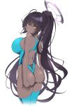  1girl aqua_one-piece_swimsuit ass blue_archive breasts dark-skinned_female dark_skin halo karin_(blue_archive) long_hair looking_back one-piece_swimsuit ponytail purple_hair purple_halo sideboob simple_background sogdin solo swimsuit white_background yellow_eyes 