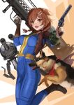 1girl :3 :d alternate_costume animal animal_ears arms_up black_footwear blue_bodysuit bodysuit bone_hair_ornament boots breasts brown_hair commentary dog dog_ears dog_girl dogmeat fallout_(series) fallout_4 fang goggles gun hair_ornament holding holding_weapon hololive inugami_korone large_breasts long_sleeves looking_at_viewer mister_handy_(fallout) over_shoulder pip_boy red_scarf revolver scarf smile sora_no_tori trigger_discipline v-shaped_eyebrows virtual_youtuber weapon weapon_over_shoulder 
