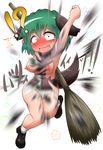  1girl ;d animal_ears arm_up asheta7 bamboo_broom blush breasts broom commentary_request dog_ears dog_tail exploding_clothes fang fist_pump full-face_blush green_eyes green_hair highres jumping kasodani_kyouko knees_together_feet_apart looking_at_viewer narrowed_eyes nipples no_pussy one_eye_closed open_mouth shoes short_hair smile socks solo tail touhou 