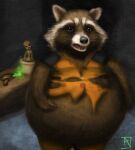  2014 anthro belly big_belly bloated claws clothing duo fangs fur groot guardians_of_the_galaxy head_tilt ian-exe inflation jumpsuit male mammal marvel mostly_nude open_mouth plant plant_pot procyonid raccoon ranged_weapon raygun rocket_raccoon signature standing teeth tongue torn_clothing weapon whiskers wide_eyed 