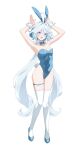  1girl alternate_costume animal_ears armpits arms_up blue_bow blue_bowtie blue_eyes blue_footwear blue_hair blue_leotard bow bowtie breasts colored_inner_hair cowlick detached_collar fake_animal_ears fake_tail full_body furina_(genshin_impact) genshin_impact hands_up heterochromia high_heels highleg highleg_leotard highres leotard light_blue_hair long_hair luffy medium_breasts multicolored_hair open_mouth playboy_bunny rabbit_ears rabbit_pose rabbit_tail simple_background solo strapless strapless_leotard tail thigh_strap thighhighs very_long_hair white_background white_hair white_thighhighs wrist_cuffs 
