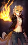  2016 ashblueflames belt chest_fur claws clothing embers fangs fire fur green_eyes hair inner_fluff jacket looking_at_viewer magic male night nine-tailed_fox orange_fur orange_hair outside paws star torn_clothing white_fur white_hair 