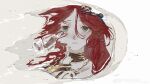  1girl absurdres bottle broken_bottle closed_mouth frogggu glass_bottle gold_choker green_eyes hair_ornament highres long_hair looking_at_viewer portrait puddle red_hair reflection reflection_focus reflective_water reverse:1999 sand solo weibo_logo weibo_watermark white_background 