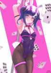  1girl :q absurdres ace_(playing_card) ace_of_hearts animal_ears armpits arms_up bare_shoulders blue_eyes blue_hair blunt_bangs blush bound bound_wrists breasts brown_pantyhose card clothing_cutout covered_navel cuffed cuffs detached_collar fake_animal_ears hair_ornament handcuffs heart heart_cutout highleg highleg_leotard highres kiri_yukino leotard looking_at_viewer medium_hair naughty_face pantyhose playboy_bunny playing_card pole purple_leotard rabbit_ears rabbit_hole_(vocaloid) small_breasts solo stripper_pole thigh_strap tongue tongue_out tsumugi_kokage twintails virtual_youtuber vspo! x_hair_ornament 