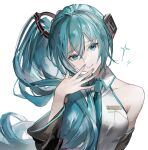 1girl blue_eyes blue_hair blue_nails blue_necktie blue_trim collared_shirt detached_sleeves et_atr3 fingernails hair_between_eyes hand_on_own_face hatsune_miku head_tilt headphones highres long_hair long_sleeves looking_at_viewer nail_polish necktie shirt side_ponytail sidelocks simple_background smile solo sparkle square vocaloid white_background white_shirt 