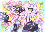  2girls :o baggy_pants bare_shoulders black_choker black_hair black_pants black_pantyhose blunt_bangs boots breasts callie_(splatoon) chain chain_earrings choker clenched_hand collarbone commentary_request fangs flower flower_necklace food food_on_head fruit grey_hair hand_up highres holographic_clothing inkling lemon lemon_slice long_hair marie_(splatoon) medium_hair midriff miniskirt mole mole_under_eye multicolored_background multiple_girls navel object_on_head official_alternate_costume official_alternate_hairstyle one_eye_closed open_mouth orange_pupils outstretched_arm oyster pants pantyhose pencil_skirt pink_flower pointing pointy_ears purple_tube_top seashell shell short_eyebrows shrimp sidelocks skirt sparkle splatoon_(series) splatoon_3 standing standing_on_one_leg strapless suspenders tentacle_hair thick_eyebrows tube_top twintails very_long_hair white_footwear xiaoyunatie yellow_eyes zipper zipper_skirt 