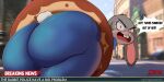  2024 2:1 absurd_res angry anthro artist_name big_butt biped blush butt dessert dialogue disney doughnut english_text female food fragomatesh fur grey_body grey_fur hi_res huge_butt judy_hopps judy_stuck_in_donut_redraw lagomorph leporid looking_back mammal pastry rabbit scut_tail short_tail solo speech_bubble stuck tail text thick_thighs zootopia 