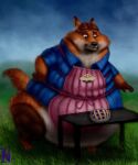 2016 anthro apron barefoot belly big_belly bottomwear canid canine clothed clothing disney feet fox fur furniture gideon_grey grass hair hi_res ian-exe male mammal obese obese_anthro obese_male open_mouth outside overweight overweight_anthro overweight_male pants pie_(food) plant shirt signature sky solo table topwear zootopia