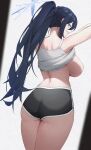  1girl absurdres ass black_shorts blue_archive blue_eyes blue_hair breasts breasts_out from_behind hairband highres kokucho long_hair looking_at_viewer ponytail saori_(blue_archive) shirt shorts simple_background sleeveless solo undressing white_background white_shirt 