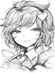  1girl close-up closed_mouth collared_shirt commentary_request eyelashes greyscale hairband harusame_(unmei_no_ikasumi) heart komeiji_satori light_smile messy_hair monochrome narrowed_eyes portrait shirt short_hair sideways_glance smile solo third_eye touhou white_background 