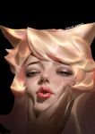  1girl 1other ahri_(league_of_legends) animal_ears artist_name black_background blonde_hair brown_eyeshadow cheek_squash close-up dated eye_glitter eyeshadow facial_mark fox_ears fox_girl hand_on_another&#039;s_cheek hand_on_another&#039;s_face highres k/da_ahri league_of_legends long_hair makeup open_mouth out_of_frame portrait red_lips simple_background solo_focus wavy_hair whisker_markings wutu_(1183238220) 