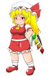  absurdres ascot asheta7 blonde_hair blush breasts covered_navel flandre_scarlet hat highres large_breasts looking_at_viewer mob_cap red_eyes red_footwear shoes side_ponytail smile smug solo touhou 
