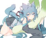  1girl animal_ears aqua_trim bare_shoulders black_skirt black_sleeves blue_eyes blue_hair blue_nails blue_tail blush cat_ears cat_girl cat_tail chinese_commentary closed_mouth collared_shirt commentary feet_out_of_frame food frilled_shirt frilled_shirt_collar frills frown grey_shirt hair_between_eyes hair_ornament hair_spread_out hatsune_miku holding holding_food kemonomimi_mode long_hair long_sleeves looking_at_viewer lying miniskirt nail_polish nekonika_(e102k) on_stomach oversized_food oversized_object shirt sidelocks simple_background skirt sleeveless sleeveless_shirt spring_onion tail twintails vocaloid white_background 