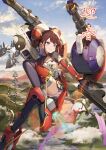  1girl alice_gear_aegis chinese_clothes closed_mouth commentary_request floating floating_object gun highres holding holding_gun holding_weapon jet_boots mecha_musume purple_eyes red_hair solo sunga2usagi translation_request wang_honghua weapon 