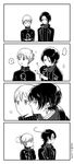  2boys 4koma :d :o ? arm_up bad_id bad_pixiv_id bangs braid cheek_kiss chibi comic directional_arrow dual_persona earrings female_saniwa_(touken_ranbu) fume furrowed_eyebrows greyscale hair_ornament hair_over_shoulder hetero in_palm jacket jewelry kashuu_kiyomitsu kiss laughing long_hair long_sleeves looking_at_another looking_away looking_to_the_side miniboy mole mole_under_mouth monochrome motion_lines multiple_boys open_mouth parted_bangs pointing pom_pom_(clothes) ponytail profile saniwa_(touken_ranbu) scarf silent_comic smile spoken_question_mark standing surprised sweat sweatdrop touken_ranbu track_jacket twitter_username uini upper_body 