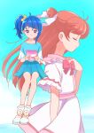  2girls blue_hair blue_shirt blue_skirt blue_sky bow bowtie casual closed_eyes closed_mouth cloud cloudy_sky commentary_request cut_bangs dress envelope from_side hair_bun hair_ribbon hand_on_own_chest highres hirogaru_sky!_precure holding holding_envelope invisible_chair kyanos_(b_0000ff) letter long_hair medium_hair miniskirt multiple_girls nijigaoka_mashiro partial_commentary pink_hair pleated_skirt precure red_bow red_bowtie ribbon shirt shoes short_sleeves side_ponytail single_hair_bun single_sidelock sitting skirt sky smile sneakers socks sora_harewataru standing white_dress white_footwear white_ribbon white_socks yellow_ribbon 