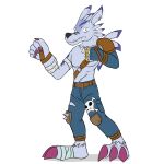 1:1 anthro armcuffs bandage bandai_namco belt black_nose blue_body blue_bottomwear blue_clothing blue_fur blue_jeans blue_pants bottomwear brown_belt canid canine claws clothed clothing denim denim_bottomwear denim_clothing digimon digimon_(species) ear_piercing ear_ring fur fuze hi_res jeans knee_pads male mammal pants piercing poison_symbol purple_claws ring_piercing scar shadow shoulder_pads simple_background solo teeth_showing topless weregarurumon white_background