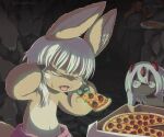  2girls absurdres animal_ears blurry blurry_background brown_fur bune_poster closed_eyes commentary_request dark-skinned_female dark_skin faputa furry furry_female hand_up highres looking_at_another made_in_abyss man_levitating_pizza_(meme) meme multiple_girls nanachi_(made_in_abyss) pizza_box tongue tongue_out upper_body whiskers white_hair 