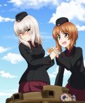  2girls blue_sky breasts brown_eyes brown_hair clenched_teeth day girls_und_panzer grey_eyes grey_hair highres itsumi_erika key_(gaigaigai123) kuromorimine_military_uniform looking_at_another medium_breasts medium_hair multiple_girls nervous_smile nishizumi_miho one_eye_closed open_mouth outdoors parted_lips sky smile teeth 
