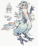  ! !! 1girl animal_ears animal_hands animalization anklet artist_name bird_legs bird_tail bird_wings blue_eyes blue_feathers blue_hair blue_wings blush claws digitigrade fang feather_hair feathered_wings feathers full_body hand_up harpy highres jellychuz jewelry long_hair looking_at_viewer monster_girl multicolored_hair multiple_views neck_fur open_mouth original simple_background solo standing streaked_hair tail talons white_background winged_arms wings 