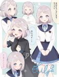  1girl ^_^ absurdres asymmetrical_sleeves bare_legs black_necktie black_shirt black_skirt blue_eyes blue_overskirt blue_ribbon blue_skirt blush closed_eyes clothing_cutout commentary_request cropped_jacket feet_out_of_frame flying_sweatdrops gakuen_idolmaster grey_hair hakusen_(idolmaster) half_up_braid happy_tears hatsuboshi_gakuen_school_uniform head_steam headset highres hood hoodie idol_clothes idolmaster jacket katsuragi_lilja looking_at_viewer multiple_views neck_ribbon necktie outline own_hands_together pleated_skirt puff_of_air ribbon ribbon_braid school_uniform shirt short_hair shoulder_cutout signature simple_background single_bare_shoulder skirt smile speech_bubble tears translation_request two-tone_background ura_(hamburg_oniku) white_hoodie white_jacket white_outline 