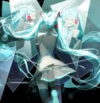  aqua_eyes aqua_hair detached_sleeves from_behind hatsune_miku headphones highres light_particles long_hair necktie open_mouth profile reflection saihate_(d3) smile solo standing standing_on_one_leg thighhighs twintails vocaloid 
