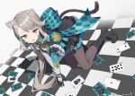  1girl all_fours animal_ear_fluff animal_ears aqua_bow black_footwear boots bow card cat_ears cat_girl cat_tail checkered_bow checkered_clothes checkered_floor facial_mark frilled_leotard frills full_body genshin_impact gloves grey_hair huge_bow juliet_sleeves kneeling leotard long_sleeves looking_at_viewer lynette_(genshin_impact) makadamixa pantyhose paw_pose playing_card puffy_sleeves purple_eyes solo star_(symbol) star_facial_mark star_tattoo tail tattoo tongue tongue_out two-tone_gloves two-tone_skirt 