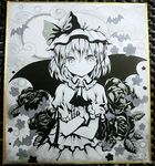  arm_ribbon ascot bat bat_wings calligraphy_pen_(medium) cloud cowboy_shot crossed_arms dated dress flower full_moon greyscale hat hat_ribbon looking_at_viewer marker_(medium) mob_cap monochrome moon mosho night remilia_scarlet ribbon rose shikishi signature smile solo touhou traditional_media wings wrist_cuffs 