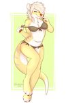  anthro bra breasts chesta clothing fangs female half-closed_eyes mammal mustelid otter panties simple_background smile solo standing teasing teeth underwear white_background 