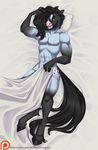  2016 abs anthro athletic bed_sheet bedding biceps bird&#039;s-eye_view black_fur black_hair blithedragon blue_eyes convenient_censorship dakota_(dark_stallion) digital_media_(artwork) equine fur hair hi_res high-angle_view hooves horse looking_at_viewer lying male mammal multicolored_fur muscular muscular_male nude on_back patreon pecs pillow smile solo two_tone_fur url white_fur 