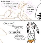  &lt;3 anthro awkward blush bra briefs buckteeth cervine chest_tuft clothed clothing comic deer dialogue disney duo embarrassed english_text female humor jack_savage lagomorph male mammal nervous panties rabbit seductive sweat teeth text the_weaver topless tuft underwear zootopia 
