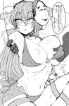  1girl ? armpits arms_up blush bracelet breasts cleavage dancer greyscale groping hata_no_kokoro highres jewelry large_breasts long_hair looking_at_viewer mask monochrome navel oil roki_(hirokix) solo_focus sweat teeth touhou translation_request 
