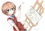  artist_name asumi_kana blanc blue_eyes brown_hair cosplay hair_ornament hidamari_sketch looking_at_viewer neptune_(choujigen_game_neptune) neptune_(series) noire open_mouth pastels pencil seiyuu_connection shiitake_urimo short_hair sitting sketchbook solo vert x_hair_ornament yuno 