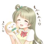  ^_^ bird bow brown_hair closed_eyes crossover face-to-face gen_7_pokemon long_hair love_live! love_live!_school_idol_project minami_kotori one_side_up pokemon pokemon_(creature) pokemon_(game) pokemon_sm rowlet smile takochan77 translated 