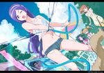  ;d aono_miki banner blue_bra bra cloud cutoffs day denim denim_shorts dog dutch_angle fresh_precure! hose jeans letterboxed long_hair midriff multiple_girls navel nobori one_eye_closed open_mouth pants precure purple_hair see-through shiitake_urimo shirt short_shorts shorts smile splashing umbrella underwear water wet wet_clothes wet_shirt 