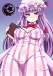  ass_visible_through_thighs bangs blue_bow blunt_bangs book bow bowtie breasts cameltoe cleavage covered_navel cowboy_shot crescent crescent_hair_ornament dress hair_bow hair_ornament hat huge_breasts ini_(mocomocccos) long_hair long_sleeves looking_at_viewer mob_cap panties patchouli_knowledge purple purple_background purple_eyes purple_hair purple_panties red_bow red_neckwear see-through simple_background solo striped striped_dress touhou underwear 