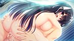  1girl :d ass ass_grab black_hair blush breasts censored cum cum_in_pussy dutch_angle game_cg hair_ribbon hairband hetero hug large_breasts long_hair looking_back mosaic_censoring nude open_mouth penis purple_eyes ribbon rokuonji_kaoruko sex smile solo_focus suspended_congress sweat utsunomiya_tsumire vaginal wagamama_high_spec 