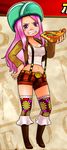  eating food hat jewelry_bonney lipstick makeup official_art one_piece pink_hair pizza purple_eyes wide_hips 