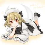  2016 :&lt; black_footwear blonde_hair character_name chin_rest dated drill_hair elbow_rest fairy_wings full_body hat leg_lift leg_up long_sleeves looking_at_viewer luna_child lying monrooru on_stomach red_eyes shoes socks solo touhou transparent_wings white_legwear wide_sleeves wings 