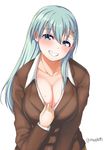  aqua_eyes aqua_hair ascot bra breasts cleavage green_eyes hair_ornament hairclip huge_breasts jacket kantai_collection kurokku long_hair mole mole_on_breast pink_bra school_uniform smile solo suzuya_(kantai_collection) twitter_username underwear 